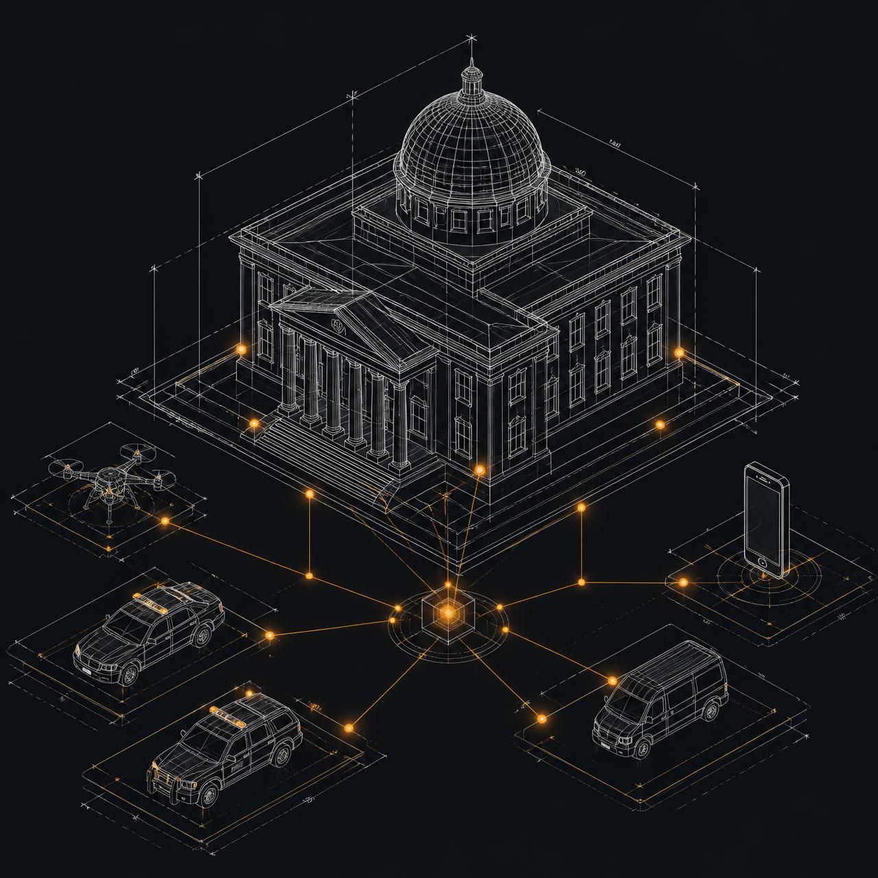 3D CAD network diagram of the Bail Buddy house — courthouse, agents, and vehicles